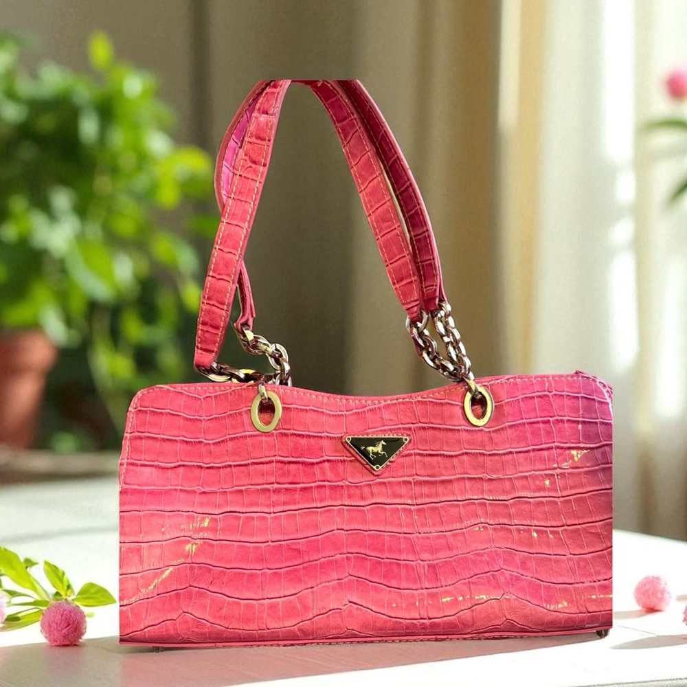 Source Unknown Bright Pink Croc-Embossed Shoulder Bag heavy duty hardware